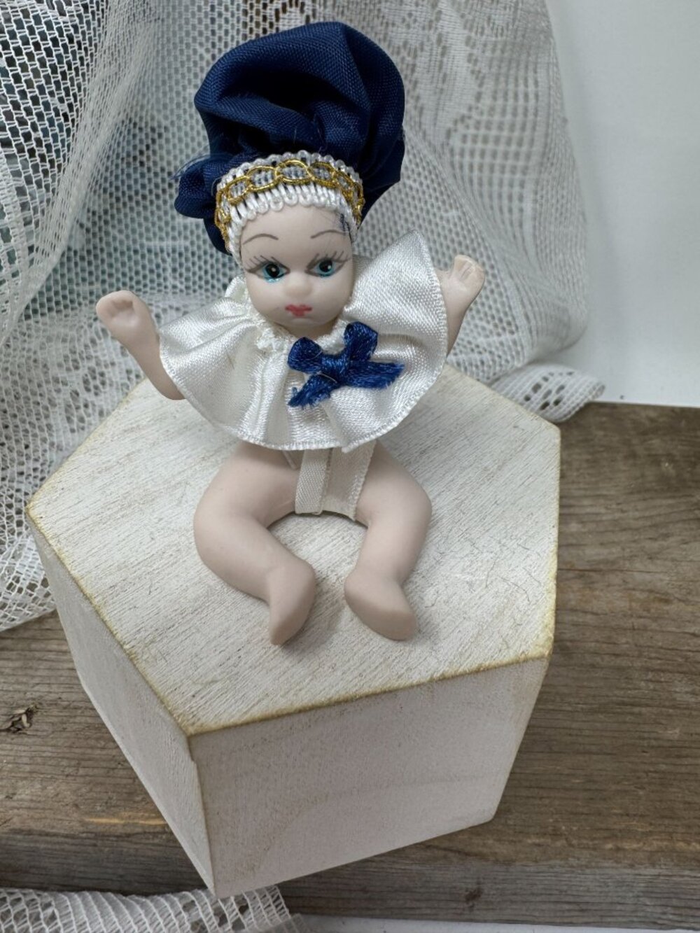 Miniature Porcelain Doll With Blue Hat & White Outfit Italy 3"